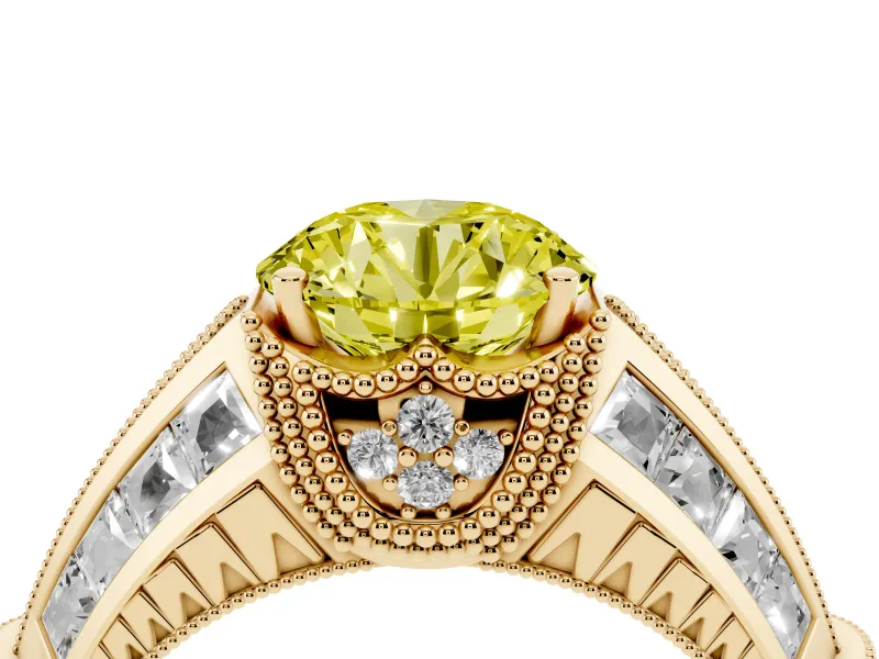 Round Vintage Milgrain Engagement Ring Setting for a Fancy Yellow Lab-Grown Diamond | Hidden Halo | Yellow Gold