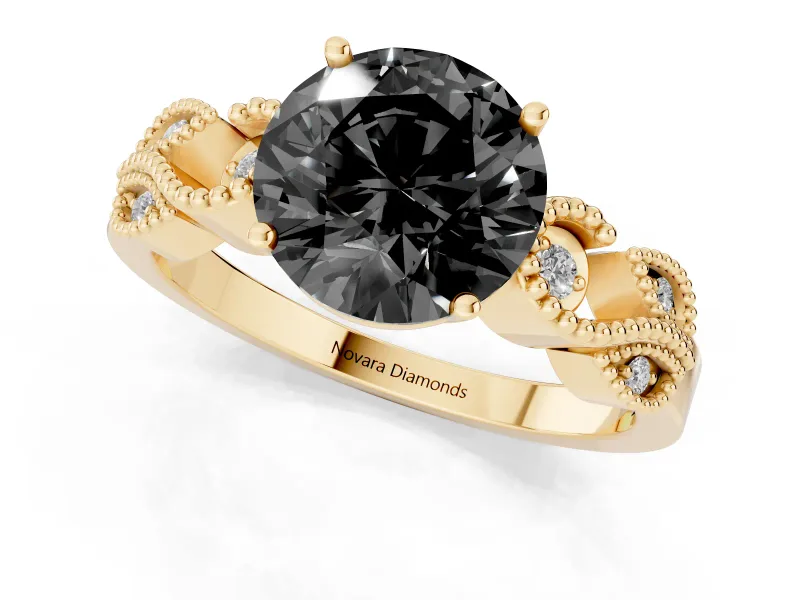 Fancy Black Round Cut Diamond Milgrain Leaf Band Solitaire Ring Set in Yellow gold with Accent Stones and Prong Setting
