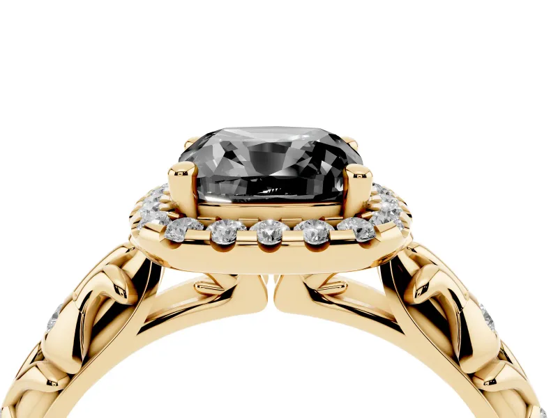 Cushion Cut Leaf Halo Engagement Ring Setting for a Black Center | Bezel Accents | Yellow Gold