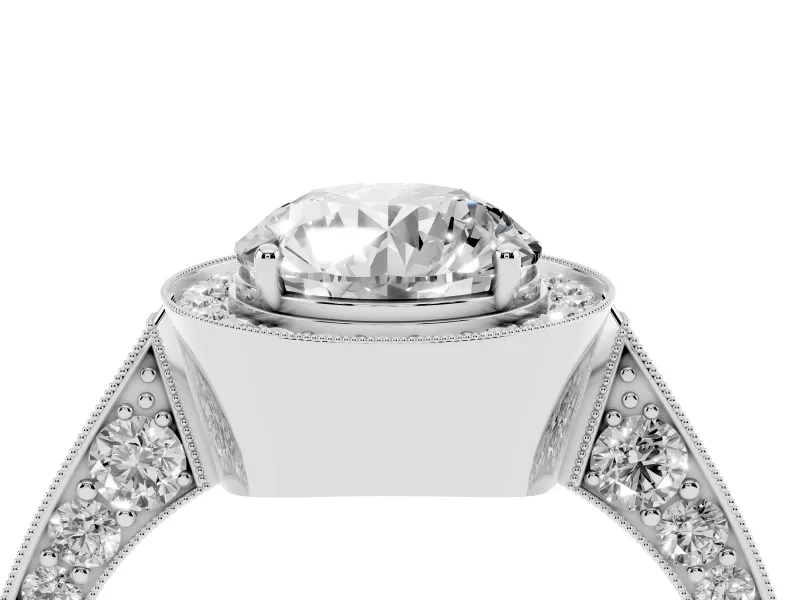 Round Vintage Milgrain Halo Engagement Ring Setting | Side Stones and Pave | Sterling Silver