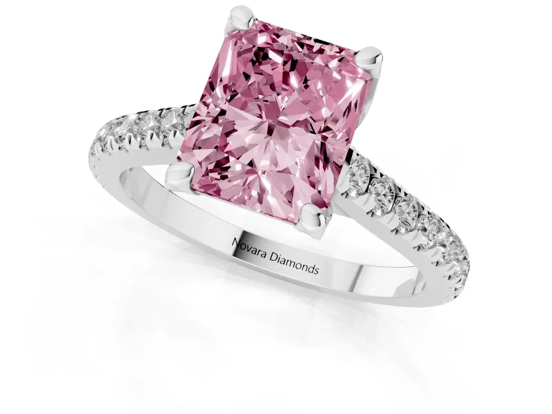 Fancy Pink Radiant Cut Diamond Solitaire Ring Set in Silver with Brilliant Pavé Band and Prong Setting