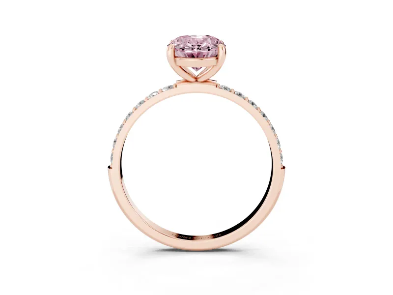 Fancy Pink Oval Cut Diamond Solitaire Ring Set in Rose gold with Round Pavé Band and Prong Setting
