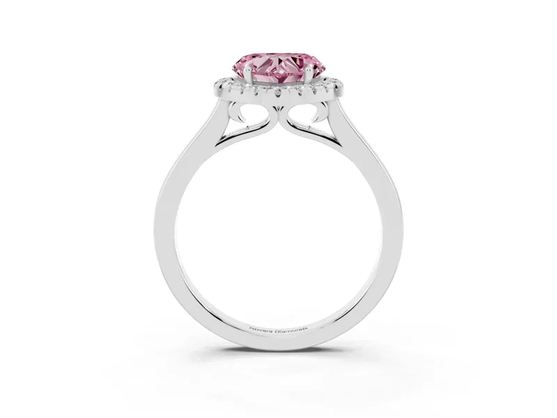 Fancy Pink Heart Cut Halo Round Diamond Solitaire Ring Set in Silver with Pavé Band and Prong Setting