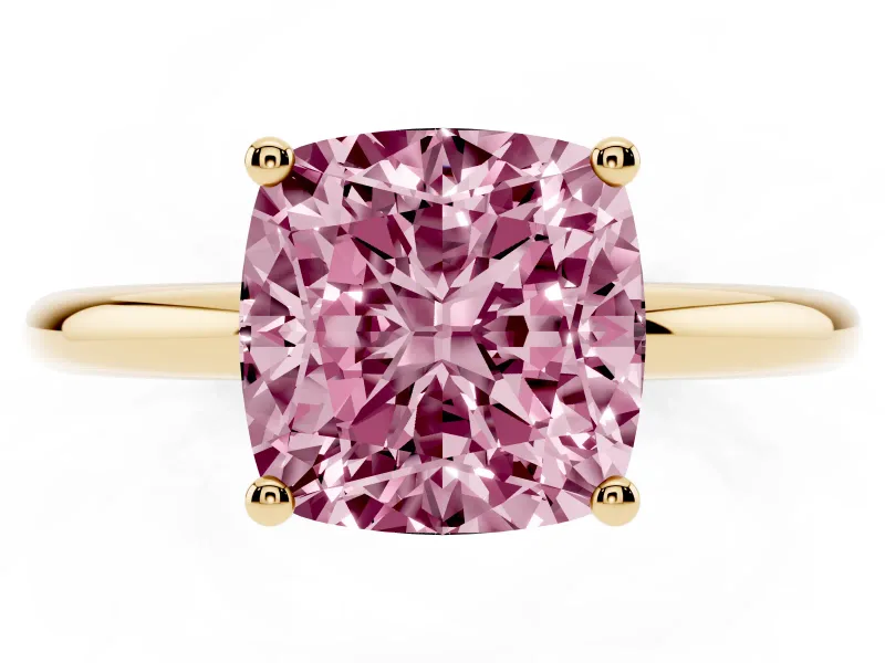 Cushion Cut Hidden Halo Engagement Ring Setting for a Fancy Pink Lab-Grown Diamond | Plain Band | Yellow Gold