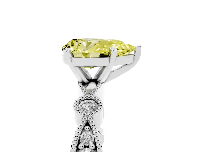 Fancy Yellow Pear Cut Diamond Solitaire Engagement Ring Set in White gold with Milgrain Bezel Accent Band