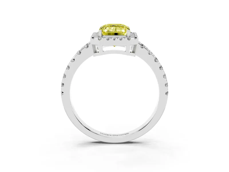 Fancy Yellow Emerald Cut Diamond Halo Ring Set in Platinum with Delicate Pavé Band and Prong Setting