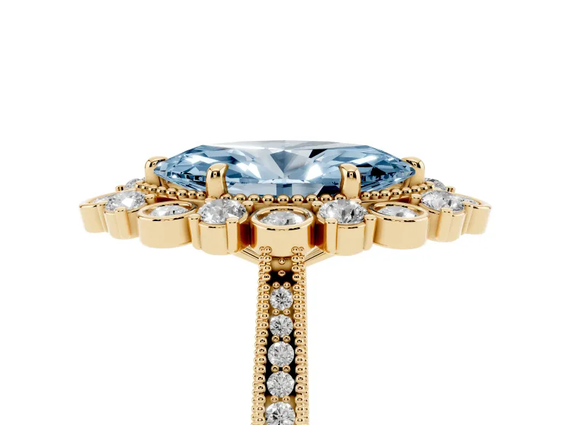 Marquise Scalloped Halo Engagement Ring Setting for a Fancy Blue Lab-Grown Diamond | Milgrain Edges | Yellow Gold