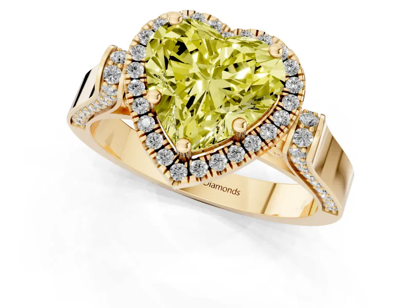 Heart-Shaped Halo Engagement Ring Setting for a Fancy Yellow Lab-Grown Diamond | Pointed Pave Shoulders | Yellow Gold