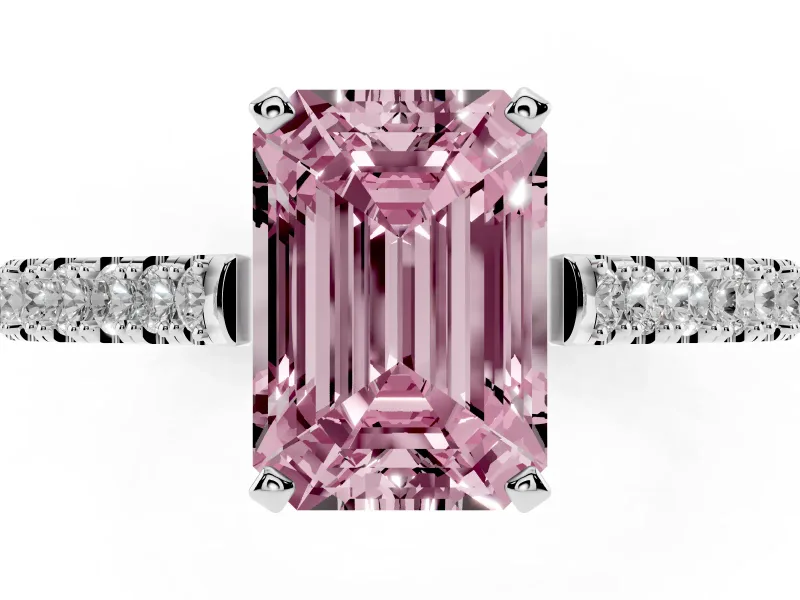 Fancy Pink Emerald Cut Diamond Solitaire Engagement Ring Set in Silver with Delicate Pavé Band and Prong Setting