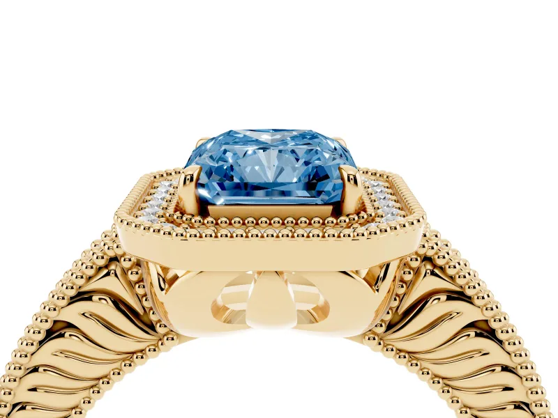 Fancy Blue Radiant Cut Diamond Halo Ring Set in Yellow gold with Round Accent Halo, Pavé Band and Prong Setting