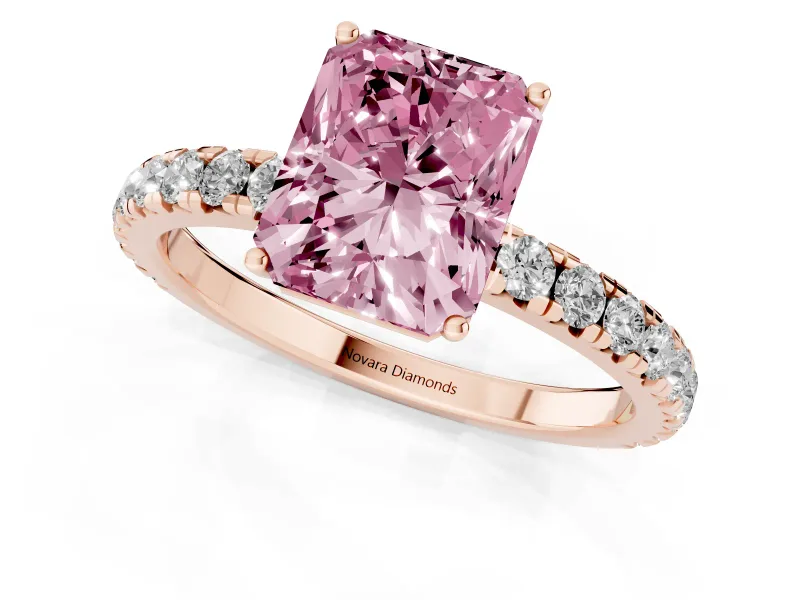 Radiant Cut Pave Solitaire Engagement Ring Setting for a Fancy Pink Lab-Grown Diamond | Shared Prong Band | Rose Gold