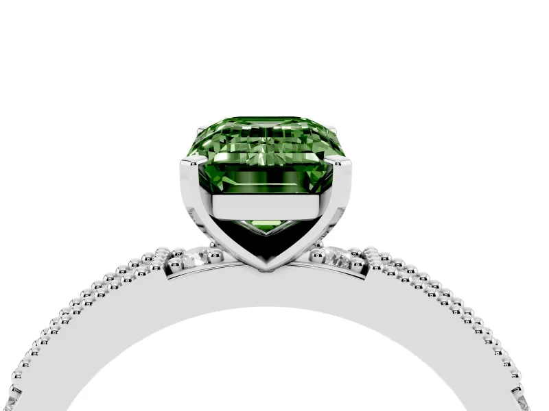 Fancy Green Emerald Cut Diamond Solitaire Ring Set in Platinum with Slim Pavé Band and Prong Setting