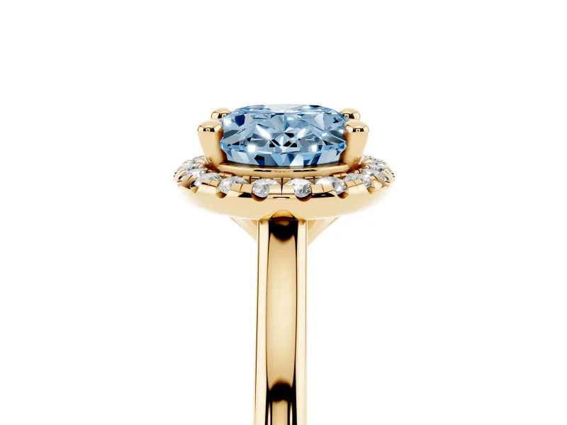 Oval Halo Engagement Ring Setting for a Fancy Blue Lab-Grown Diamond | Plain Polished Band | Yellow Gold