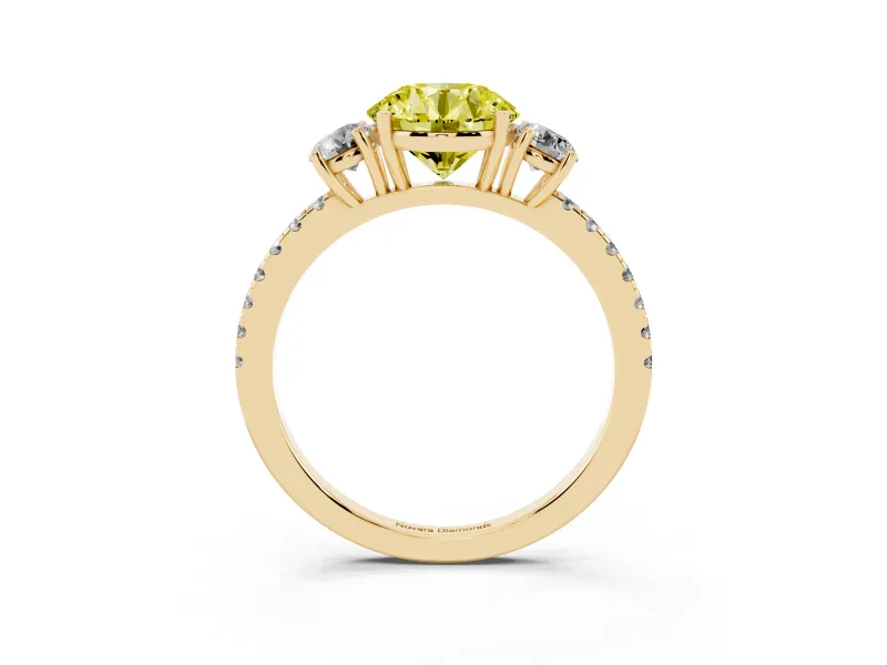 Round Three Stone Engagement Ring Setting for a Fancy Yellow Lab-Grown Diamond | Pave Shoulders | Yellow Gold