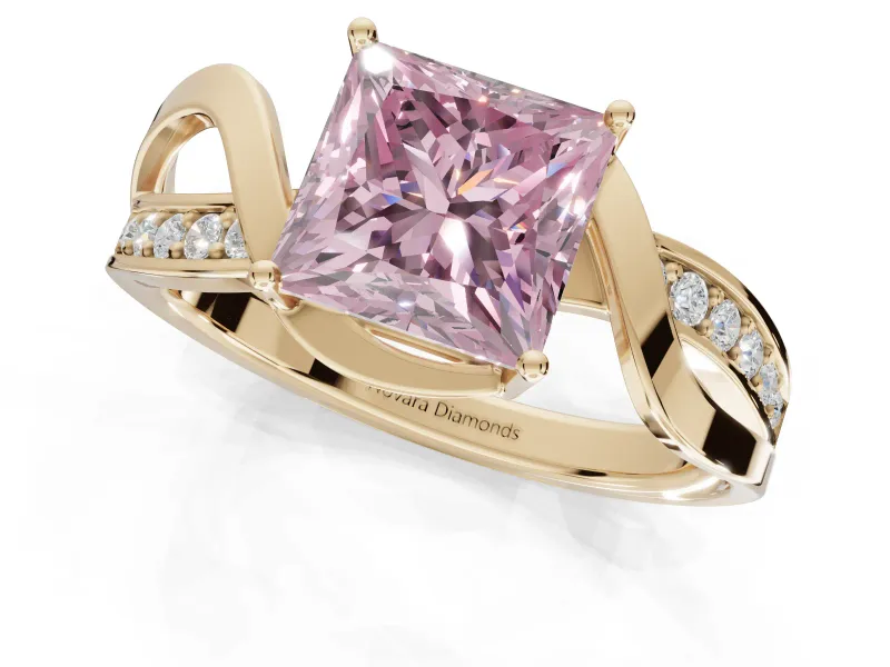 Princess Cut Bypass Solitaire Engagement Ring Setting for a Fancy Pink Lab-Grown Diamond | Pavé Strands | Yellow Gold