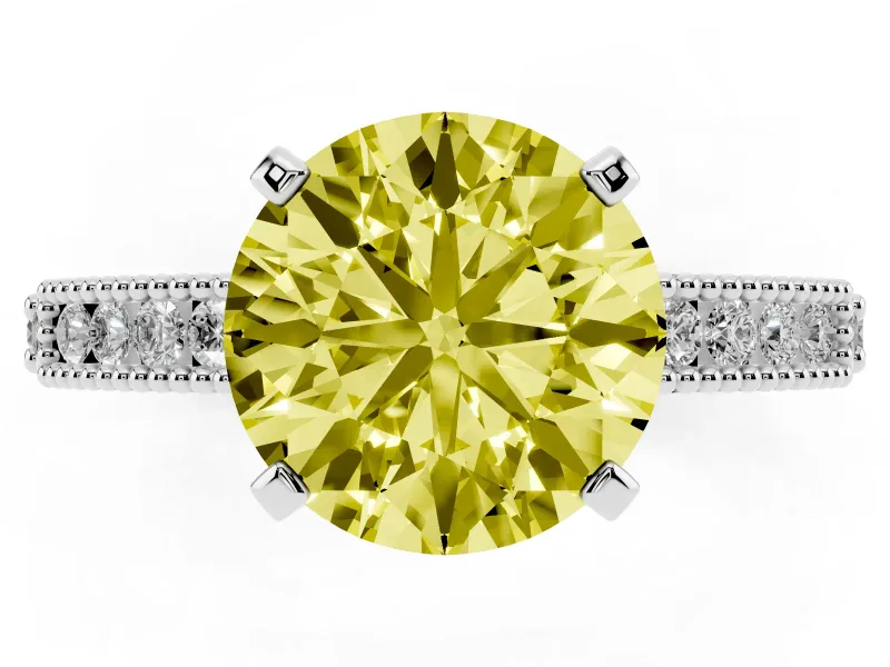 Fancy Yellow Round Cut Diamond Solitaire Ring Set in Platinum with Slim Pavé Band and Prong Setting