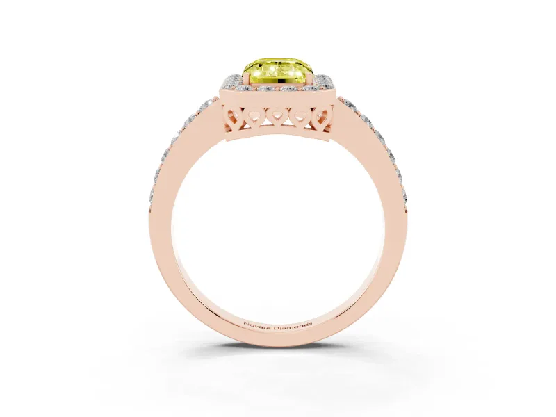 Fancy Yellow Emerald Cut Diamond Halo Ring Set in Rose gold with Pavé-Setting Band and Open Prong Center