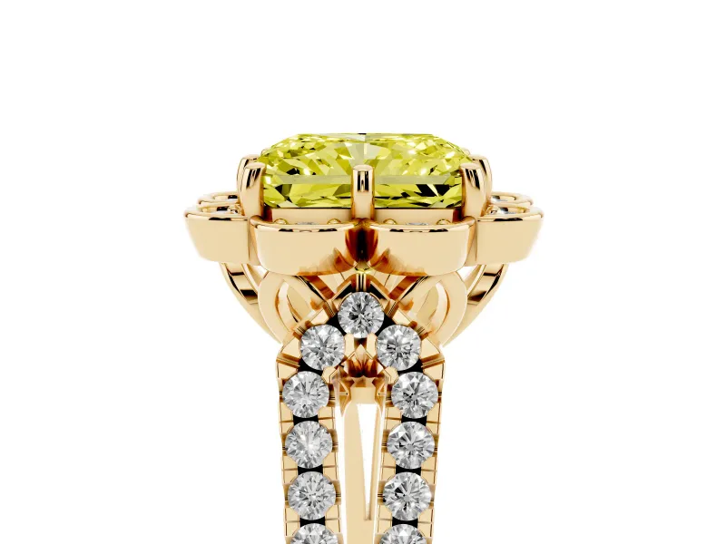 Radiant Cut Floral Halo Engagement Ring Setting for a Fancy Yellow Lab-Grown Diamond | Pavé Split Shank | Yellow Gold