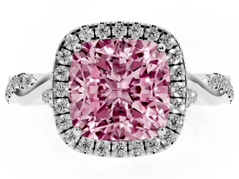 Cushion Cut Twist Halo Engagement Ring Setting for a Fancy Pink Lab-Grown Diamond | Platinum