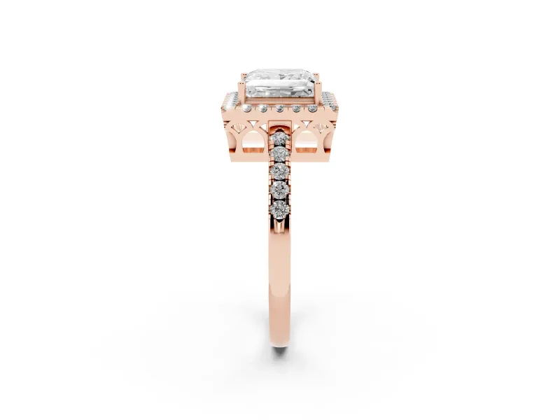 Princess Cut Diamond Pavé Band Halo Engagement Ring Set in Rose gold with Prong Setting