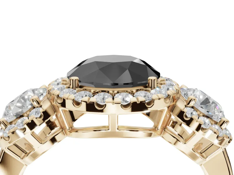 Round Three Stone Halo Engagement Ring Setting for a Black Center | Haloed Side Stones | Yellow Gold