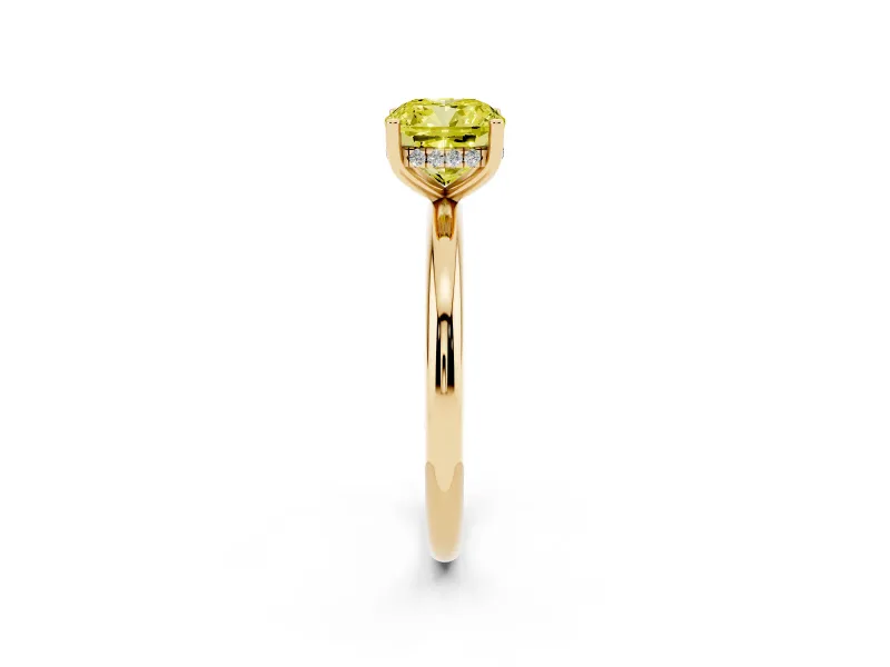 Fancy Yellow Cushion Cut Diamond Solitaire Engagement Ring Set in Yellow gold with Prong Setting and Polished Band