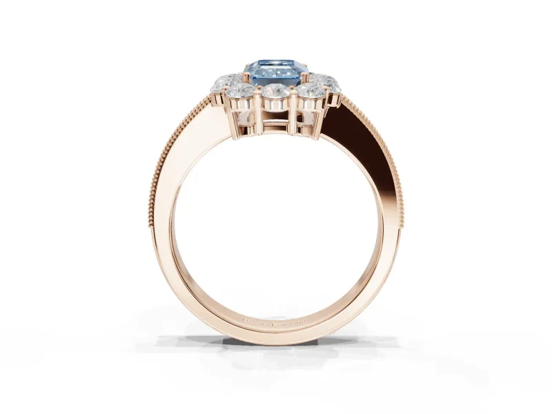 Emerald Cut Vintage Halo Engagement Ring Setting for a Fancy Blue Lab-Grown Diamond | Rose Gold