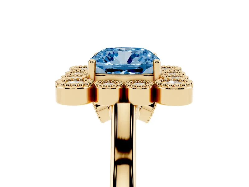 Cushion Cut Milgrain Cluster Halo Engagement Ring Setting for a Fancy Blue Lab-Grown Diamond | Plain Band | Yellow Gold