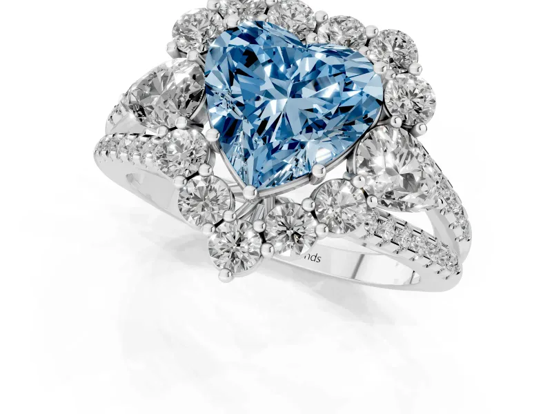 Fancy Blue Heart Cut Diamond Halo Split Shank Engagement Ring Set in Platinum with Prong-Held Center Stone