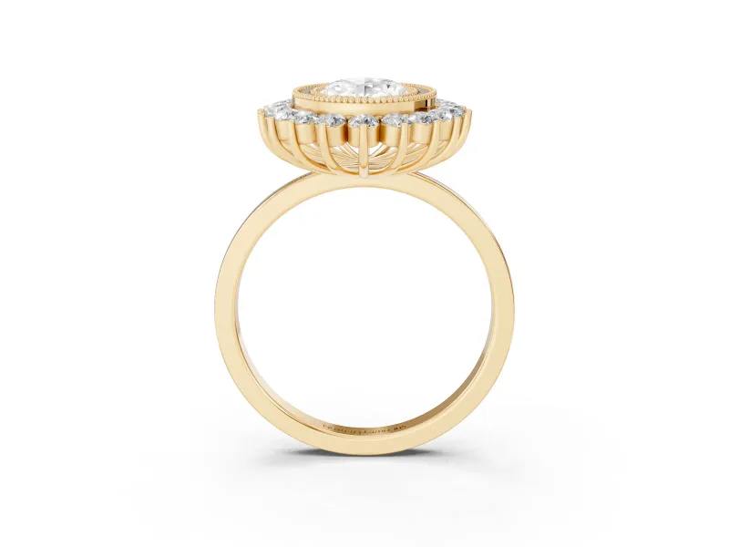 Oval Cut Diamond Halo Ring Set in Yellow gold with Milgrain Edge and Round Prong Setting