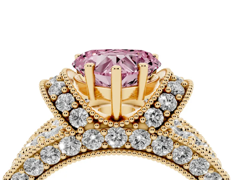 Heart-Shaped Vintage Pave Engagement Ring Setting for a Fancy Pink Lab-Grown Diamond | Milgrain Edges | Yellow Gold