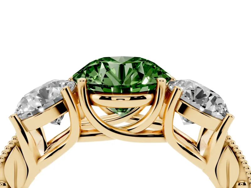 Round Vintage Three Stone Engagement Ring Setting for a Fancy Green Lab-Grown Diamond | Yellow Gold