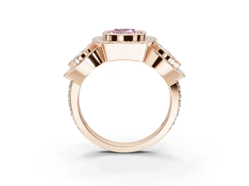 Cushion Cut Three Stone Halo Engagement Ring Setting for a Fancy Pink Lab-Grown Diamond | Rose Gold