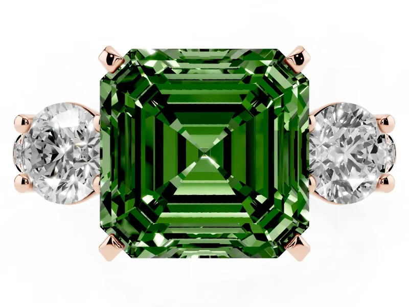 Asscher Cut Three-Stone Engagement Ring Setting for a Fancy Green Lab-Grown Diamond | Rose Gold