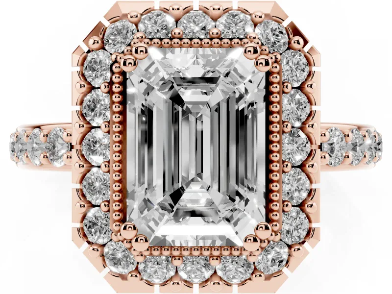 Emerald Cut Vintage Milgrain Halo Engagement Ring Setting | Pierced Gallery | Rose Gold
