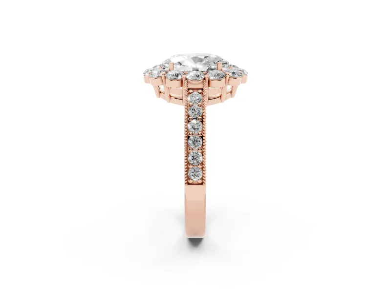 Oval Vintage Halo Engagement Ring Setting | Milgrain Channel Band | Rose Gold