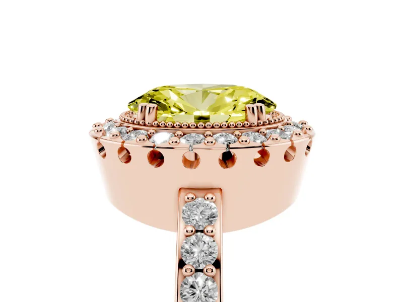 Fancy Yellow Oval Cut Diamond Halo Ring Set in Rose gold with Pavé Shank and Prong Setting