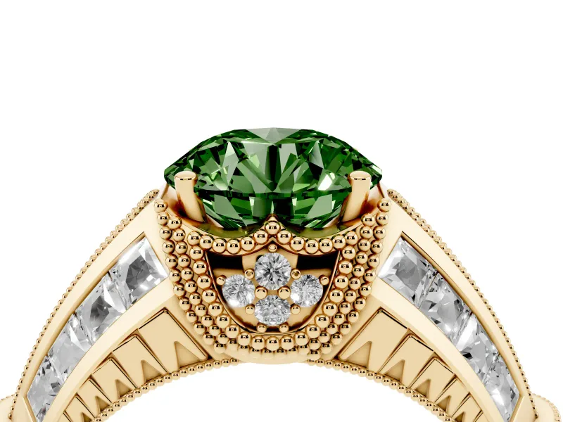 Round Vintage Milgrain Engagement Ring Setting for a Fancy Green Lab-Grown Diamond | Hidden Halo | Yellow Gold