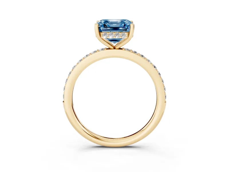 Fancy Blue Asscher Cut Diamond Pavé Band Ring Set in Yellow gold with Prong-Set Center Stone