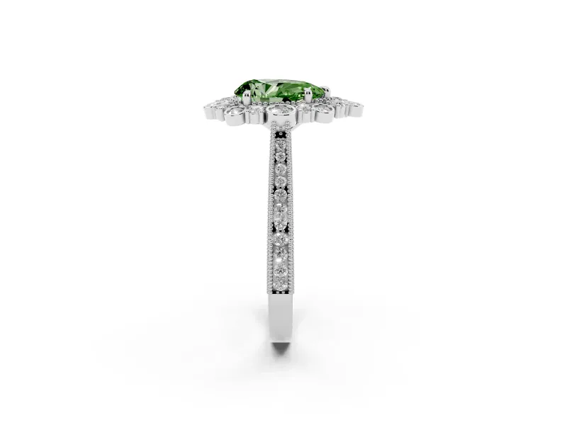 Fancy Green Pear Cut Diamond Halo Milgrain Pavé Ring Set in White gold with Prong Setting