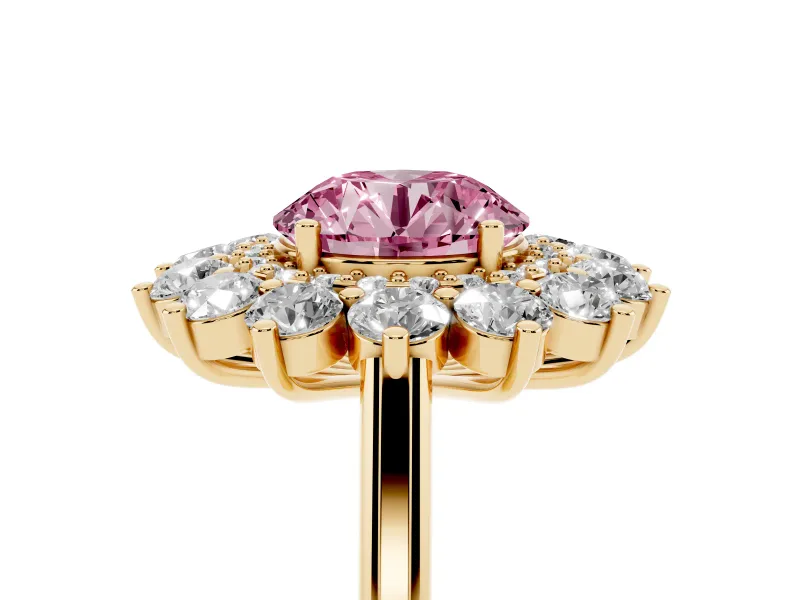 Round Floral Double Halo Engagement Ring Setting for a Fancy Pink Lab-Grown Diamond | Plain Band | Yellow Gold