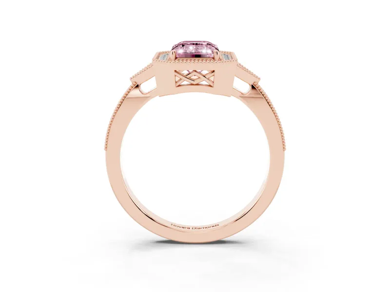 Fancy Pink Emerald Cut Diamond Halo Engagement Ring Set in Rose gold with Milgrain Pavé Band