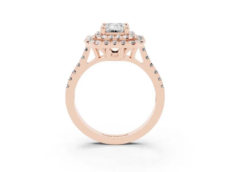Emerald Cut Diamond Double Halo Statement Ring Set in Rose gold with Pavé Band