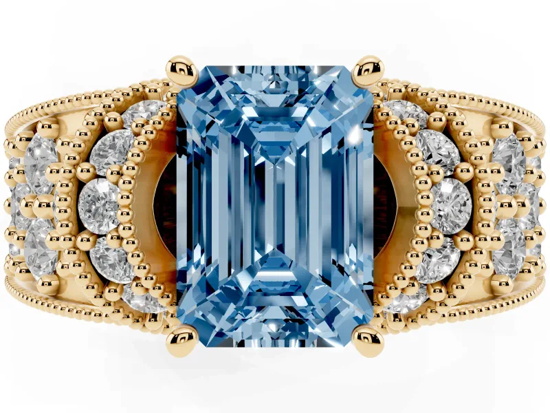 Emerald Cut Vintage Pave Engagement Ring Setting for a Fancy Blue Lab-Grown Diamond | Milgrain Edges | Yellow Gold