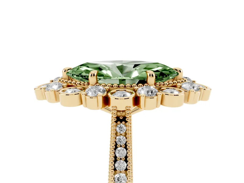 Fancy Green Marquise Cut Diamond Halo Milgrain Pavé Ring Set in Yellow gold with Prong Setting