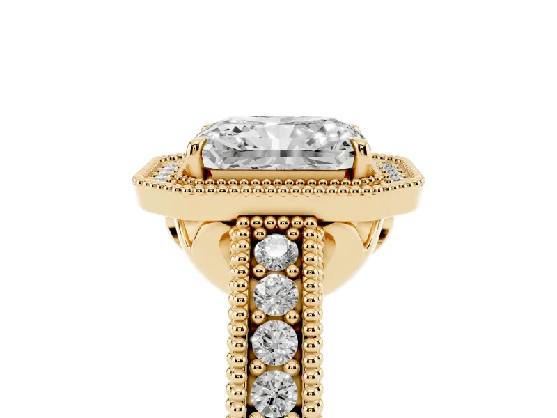 Radiant Cut Diamond Halo Ring Set in Yellow gold with Round Accent Halo, Pavé Band and Prong Setting