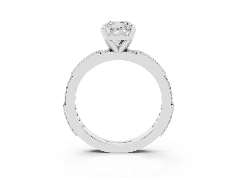 Cushion Cut Diamond Solitaire Ring Set in White gold with Slim Pavé Band and Prong Setting