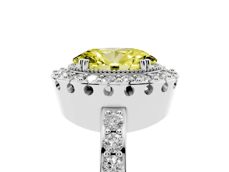 Fancy Yellow Oval Cut Diamond Halo Ring Set in Platinum with Pavé Shank and Prong Setting