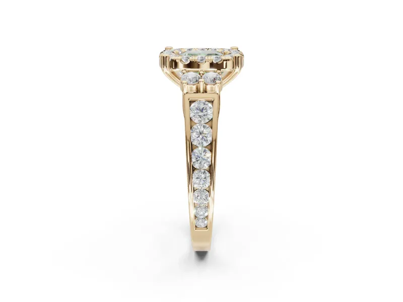 Cushion Cut Halo Engagement Ring Setting for a Fancy Green Lab-Grown Diamond | Graduated Channel Band | Yellow Gold