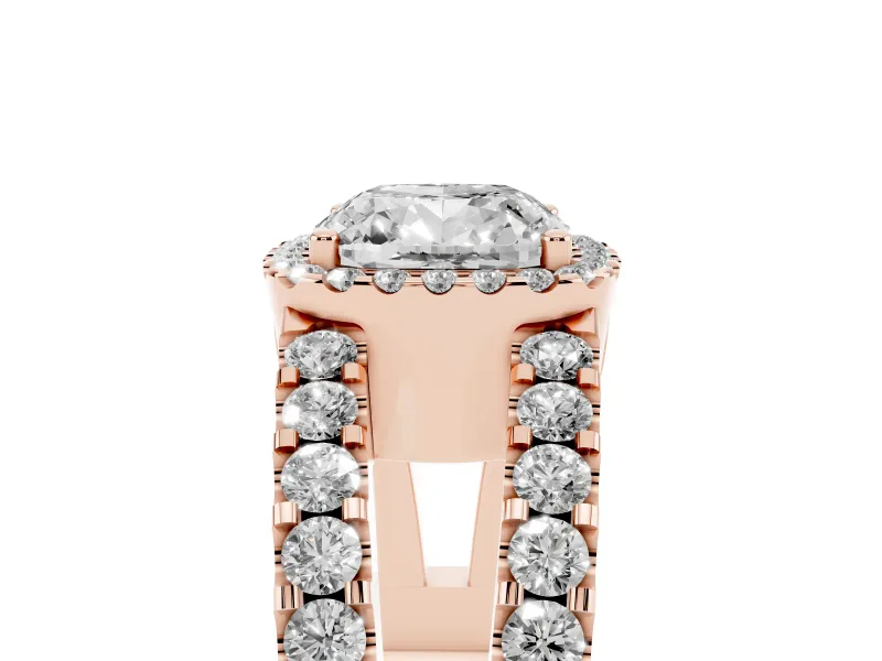 Cushion Cut Diamond Halo Ring Set in Rose gold with Pavé Split Shank and Prong Setting